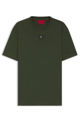 Interlock-cotton T-shirt with metallic stacked-logo badge, Dark Green