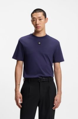 Interlock-cotton T-shirt with metallic stacked-logo badge, Dark Blue