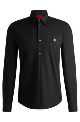 Shop Hugo Slim-fit Shirt In Stretch Cotton With Stacked Logo In Black