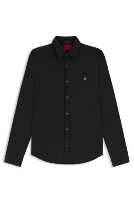 Camisa slim fit de lona de algod&oacute;n el&aacute;stico, Negro