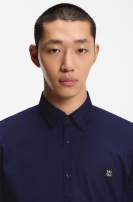 Camisa slim fit de lona de algod&oacute;n el&aacute;stico, Azul oscuro