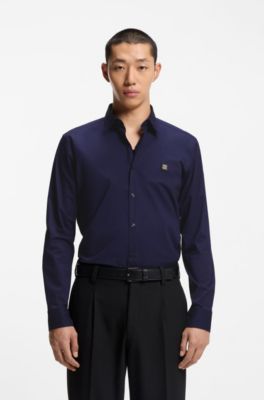 Camisa slim fit de lona de algod&oacute;n el&aacute;stico, Azul oscuro
