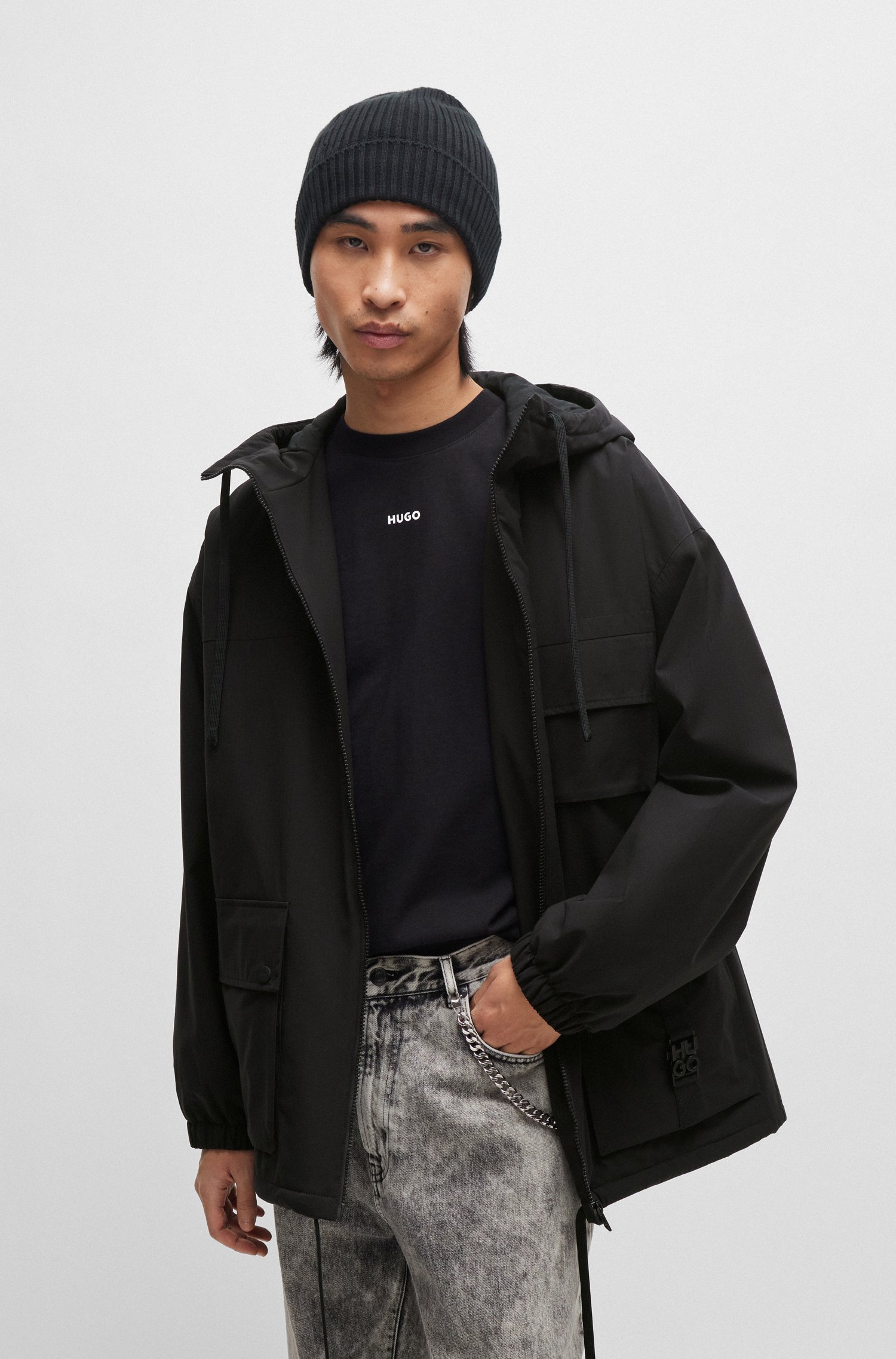 Water-repellent parka jacket with stacked-logo buckle