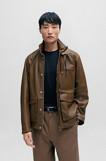 Relaxed-fit jacket in lamb leather with inside pockets, Light Brown