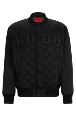 Shop Hugo Water-repellent Satin Bomber Jacket With Varsity-style Logo In Black