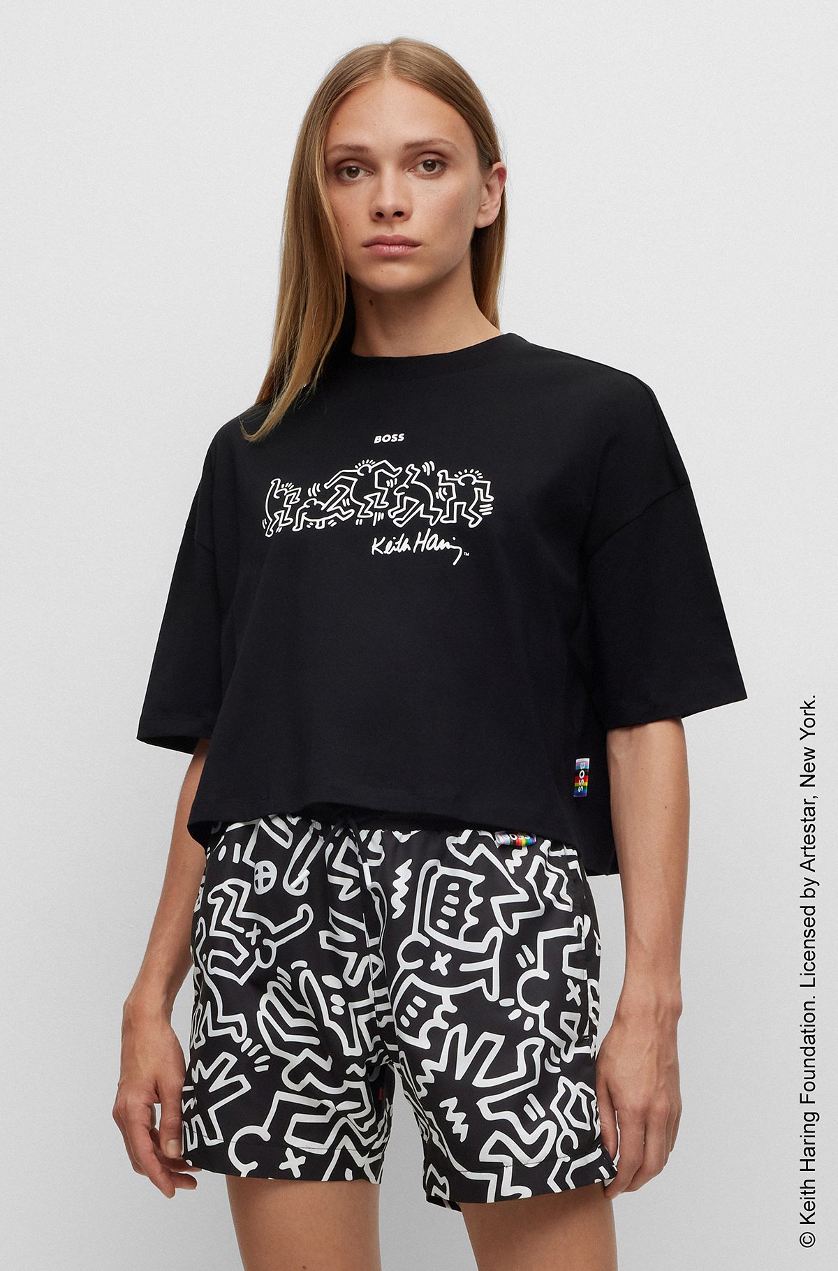 BOSS x Keith Haring gender-neutral cotton T-shirt with logo artwork, Black