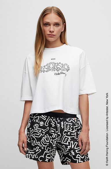 BOSS x Keith Haring gender-neutral cotton T-shirt with logo artwork, White