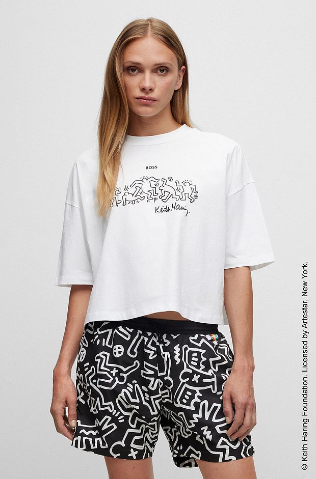 BOSS x Keith Haring gender-neutral cotton T-shirt with logo artwork, White