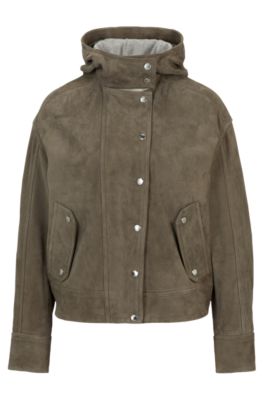 Hugo Boss Regular-fit Hooded Jacket In Soft Suede In Light Grey