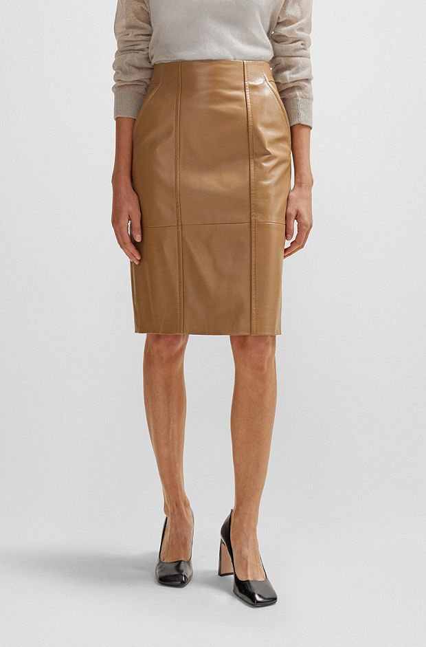 Seam-detail pencil skirt in lamb leather, Beige