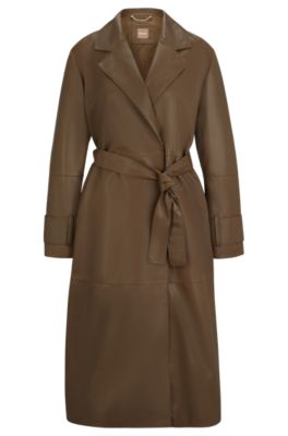 Shop Hugo Boss Longline Belted Coat In Nappa Leather In Light Brown