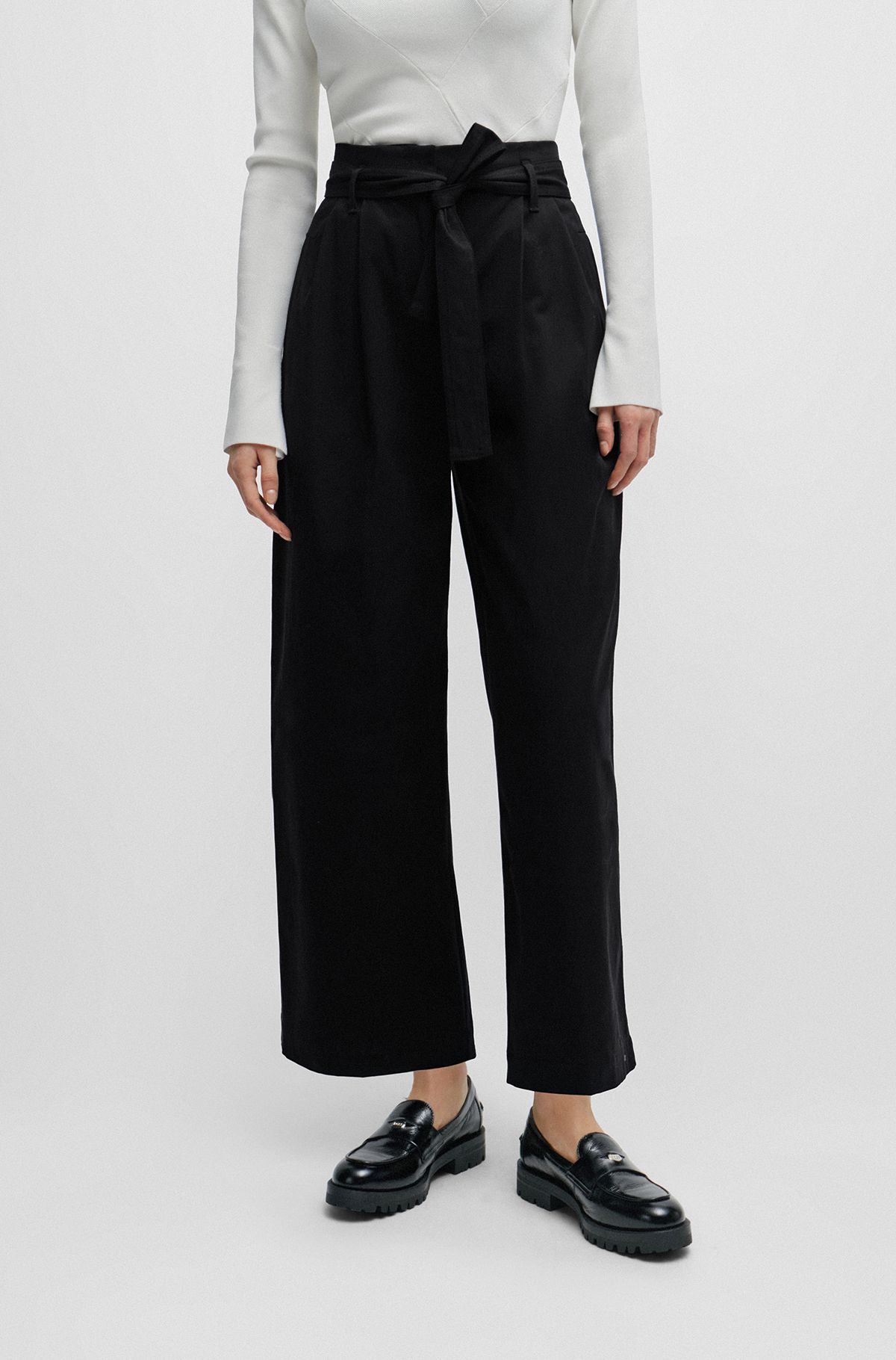 Tapered-fit wide-leg trousers with fabric belt, Black