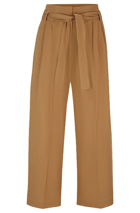 Tapered-fit wide-leg trousers with fabric belt, Beige