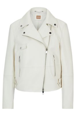 BOSS Leather jacket with signature lining and asymmetric zip White