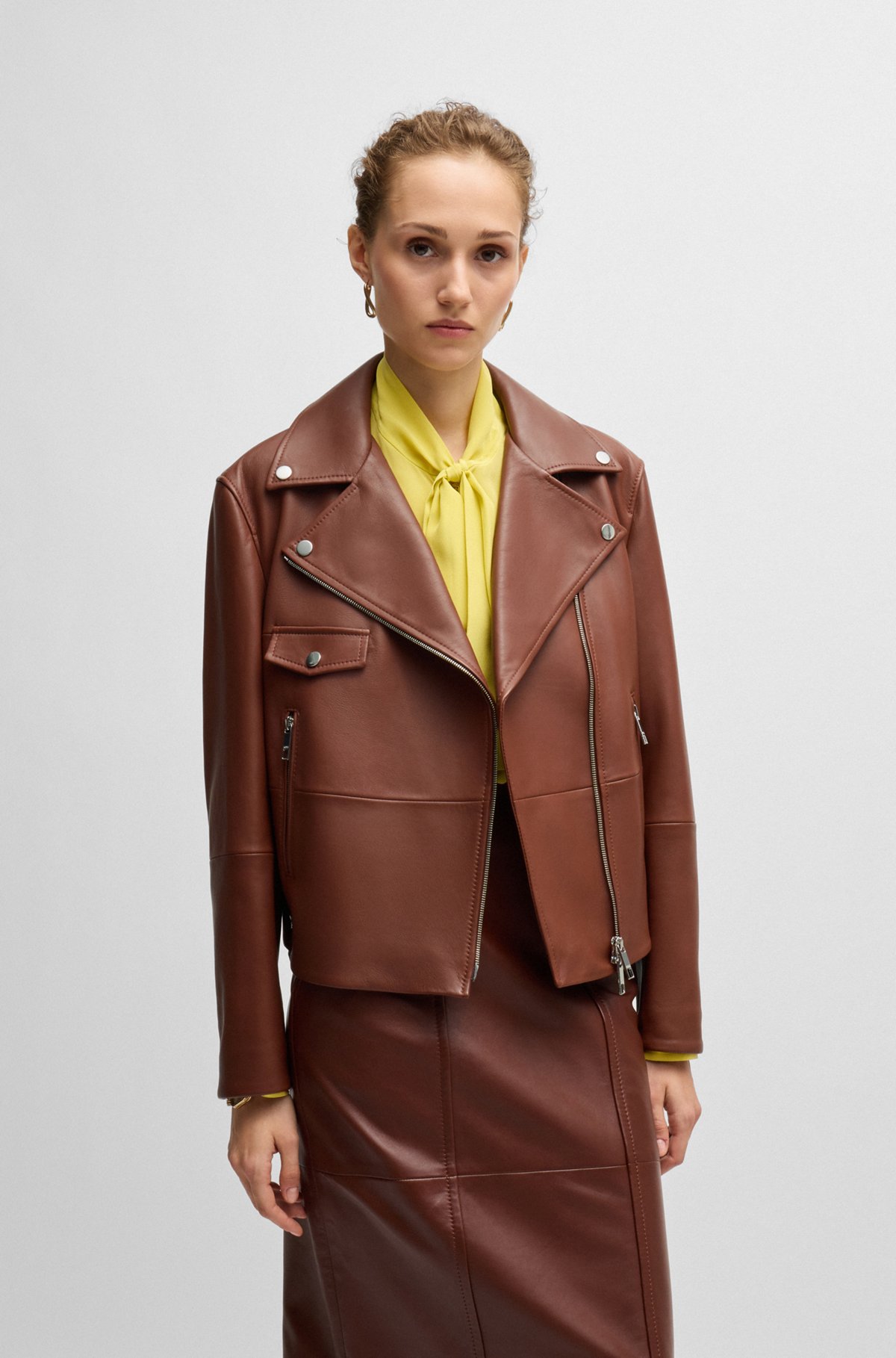 BOSS - Leather jacket with signature lining and asymmetric BOSS - Leather jacket with signature lining and asymmetric