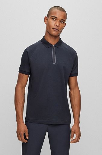 Polo Regular Fit en coton interlock avec patte zippée, Bleu foncé