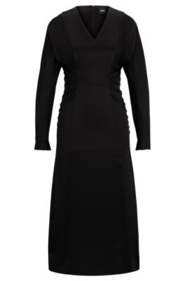 Shop Hugo Boss Gathered-detail Regular-fit Dress In Soft Satin In Black