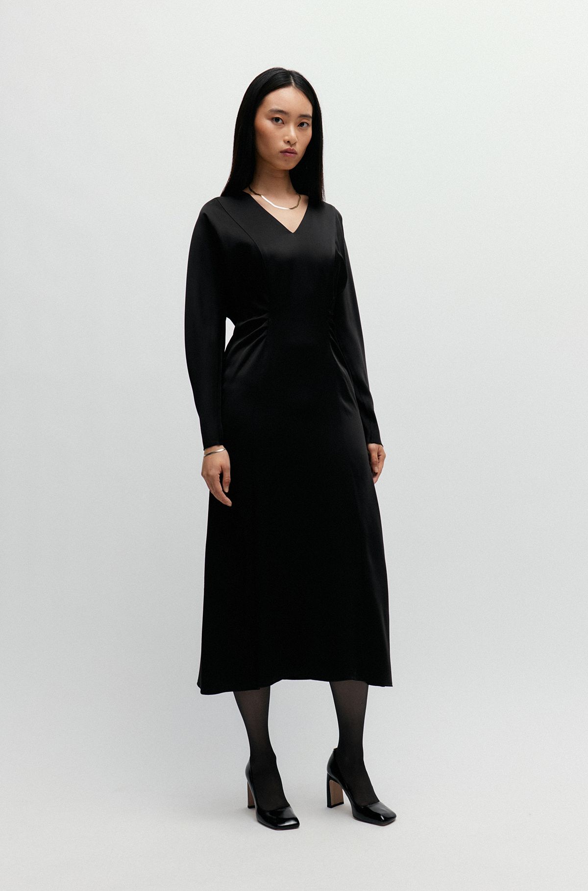 Gathered-detail regular-fit dress in soft satin, Black