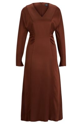 Hugo Boss Gathered-detail Regular-fit Dress In Soft Satin In Brown