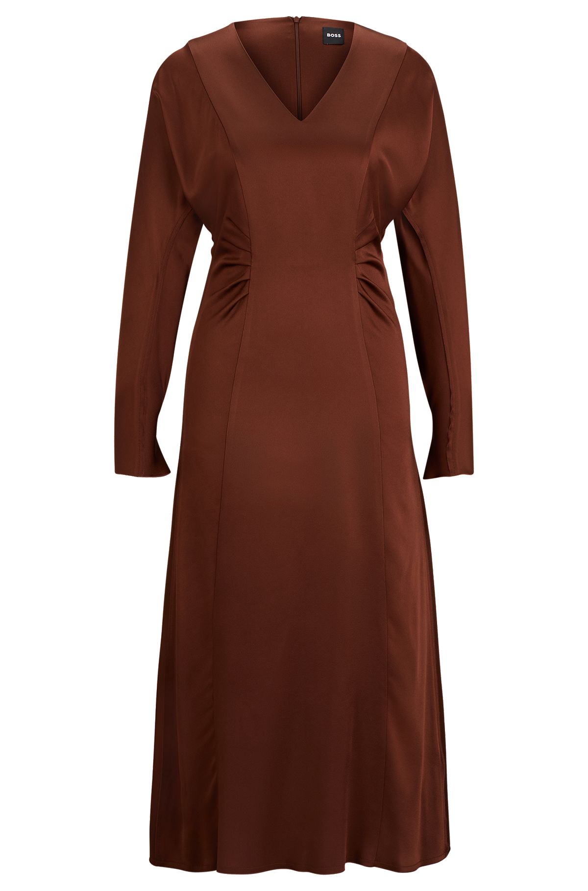Gathered-detail regular-fit dress in soft satin, Brown