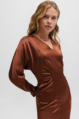 BOSS - Gathered-detail regular-fit dress in soft satin 