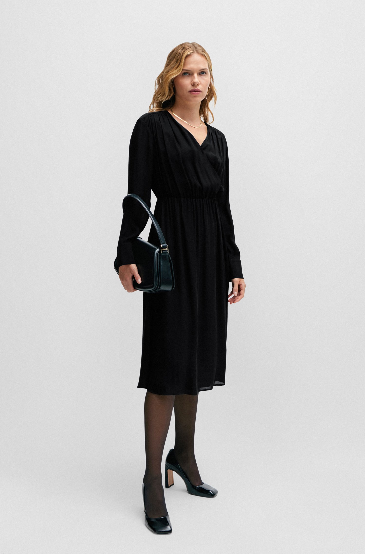 Regular-fit dress with wrap front and button cuffs