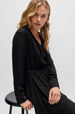 Regular-fit dress with wrap front and button cuffs, Black
