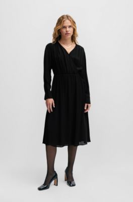 Regular-fit dress with wrap front and button cuffs, Black