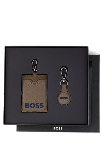 Branded card and AirTag holder gift set, Light Brown