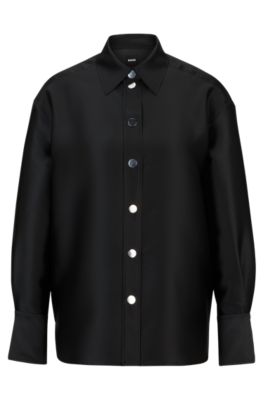 Shop Hugo Boss Relaxed-fit Blouse In Soft Satin With Point Collar In Black