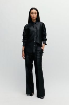 Relaxed-fit blouse in soft satin with point collar, Black