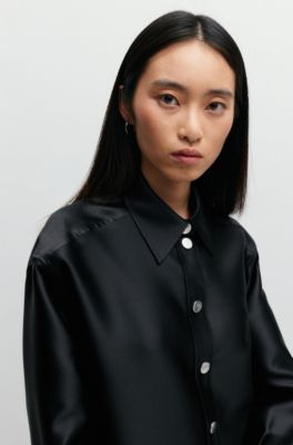 Relaxed-fit blouse in soft satin with point collar, Black