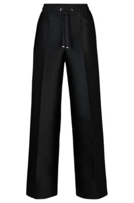 Relaxed-fit trousers in satin with drawstring waist, Black