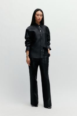 Relaxed-fit trousers in satin with drawstring waist, Black