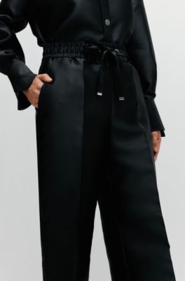 Relaxed-fit trousers in satin with drawstring waist, Black