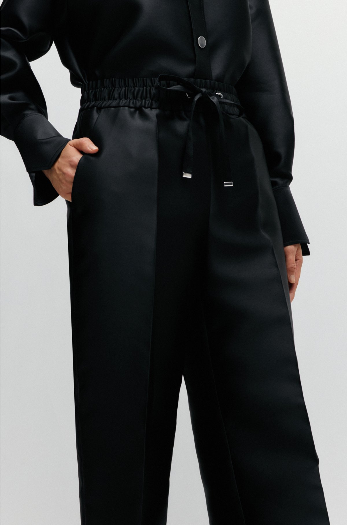 BOSS - Relaxed-fit trousers in satin with drawstring waist