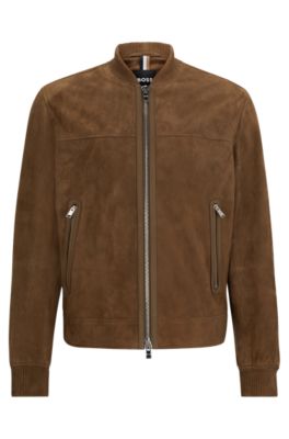 Hugo Boss Regular-fit Jacket With Ribbed Cuffs In Suede In Light Brown