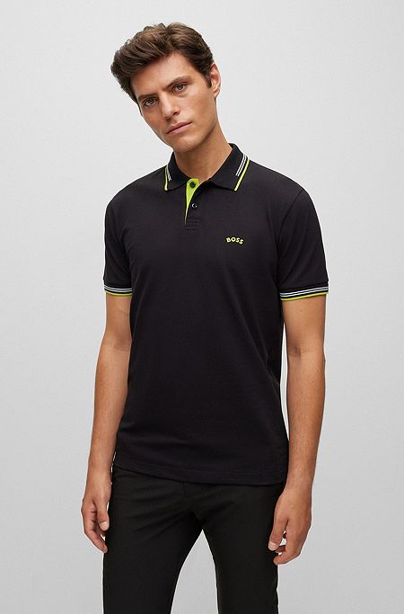 Stretch-cotton slim-fit polo shirt with branded undercollar, Black