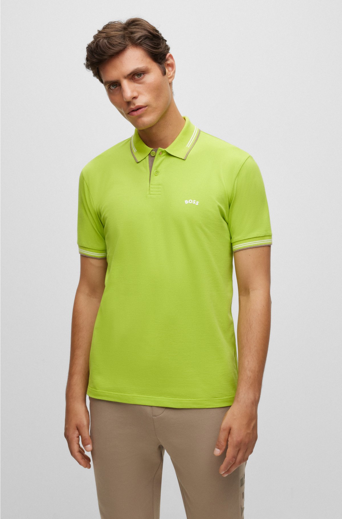 Stretch-cotton slim-fit polo shirt with branded undercollar, Green