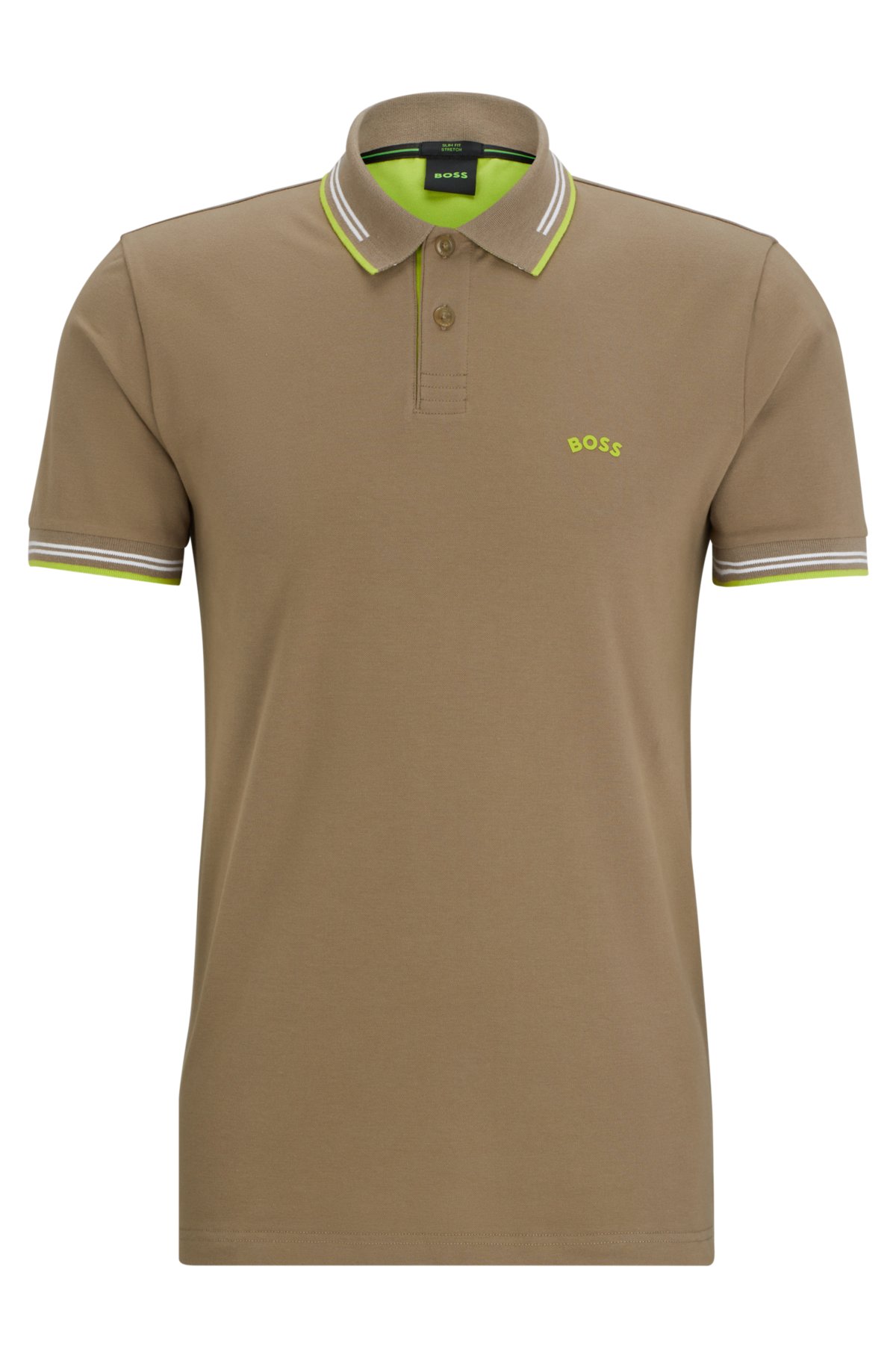 Stretch-cotton slim-fit polo shirt with branded undercollar, Light Green