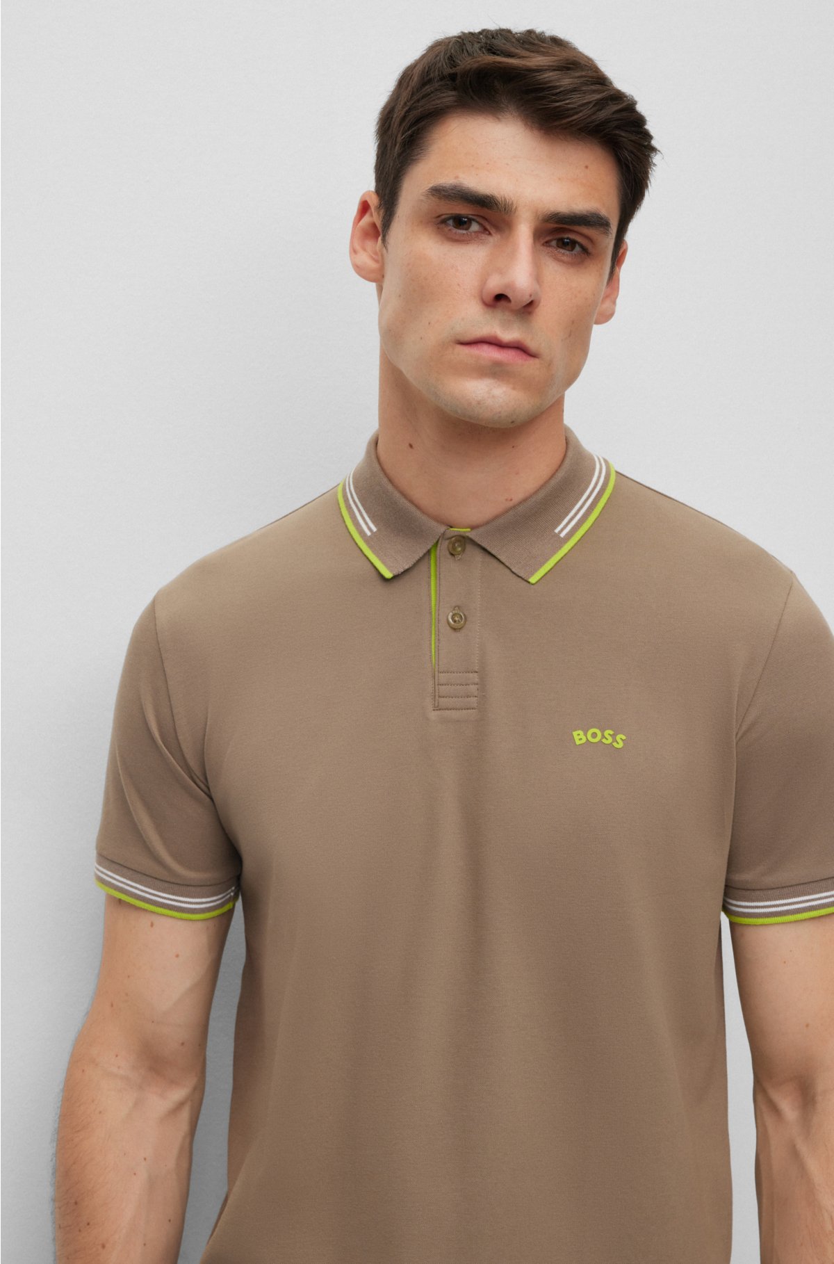 BOSS - Stretch-cotton with slim-fit shirt branded undercollar polo