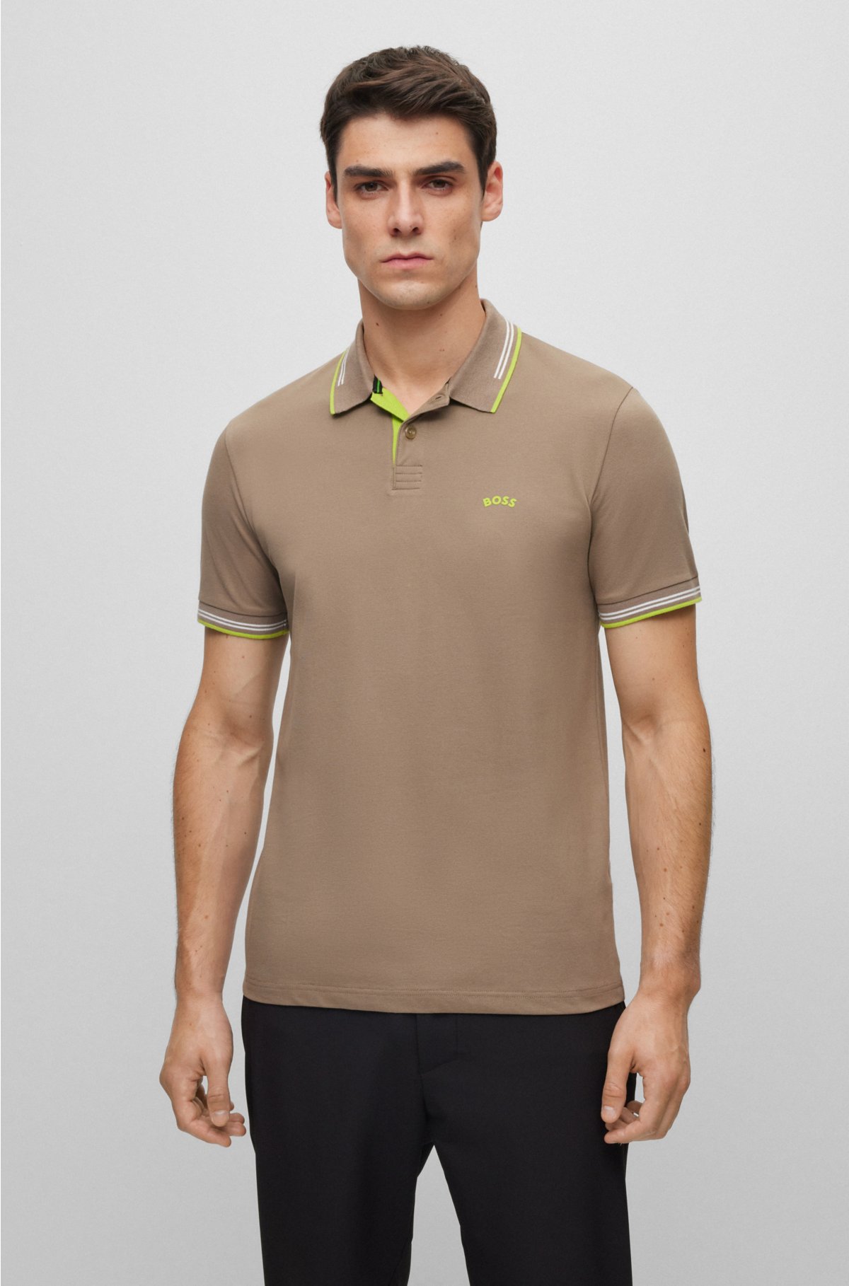 Stretch-cotton slim-fit polo shirt with branded undercollar, Light Green