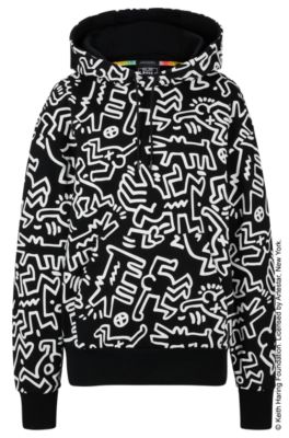 Shop Hugo Boss Boss X Keith Haring Gender-neutral Cotton Hoodie With Special Artwork In Black