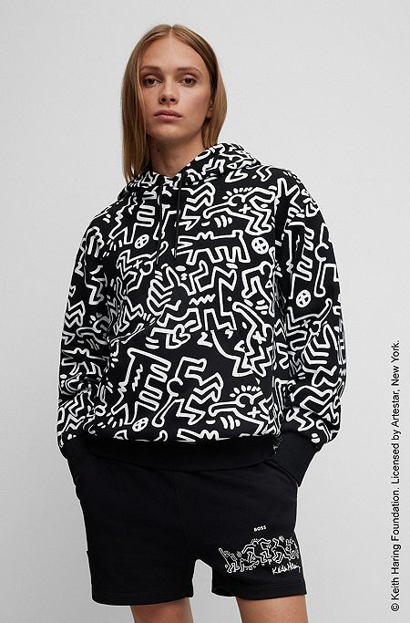 BOSS x Keith Haring gender-neutral cotton hoodie with special artwork, Black