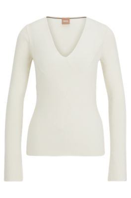 Shop Hugo Boss Knitted Sweater With A Ribbed Structure In White