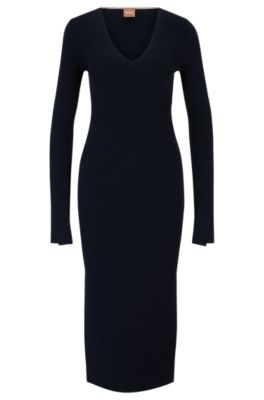 Hugo Boss Long-sleeved Knitted Dress With Ribbed Structure And V Neckline In Dark Blue