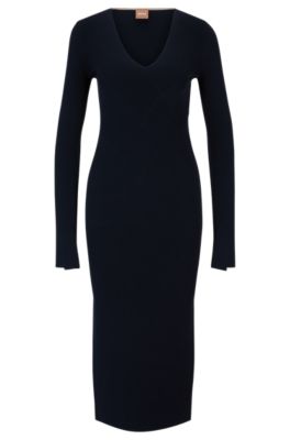 BOSS Long sleeved knitted dress with ribbed structure and V neckline Dark Blue