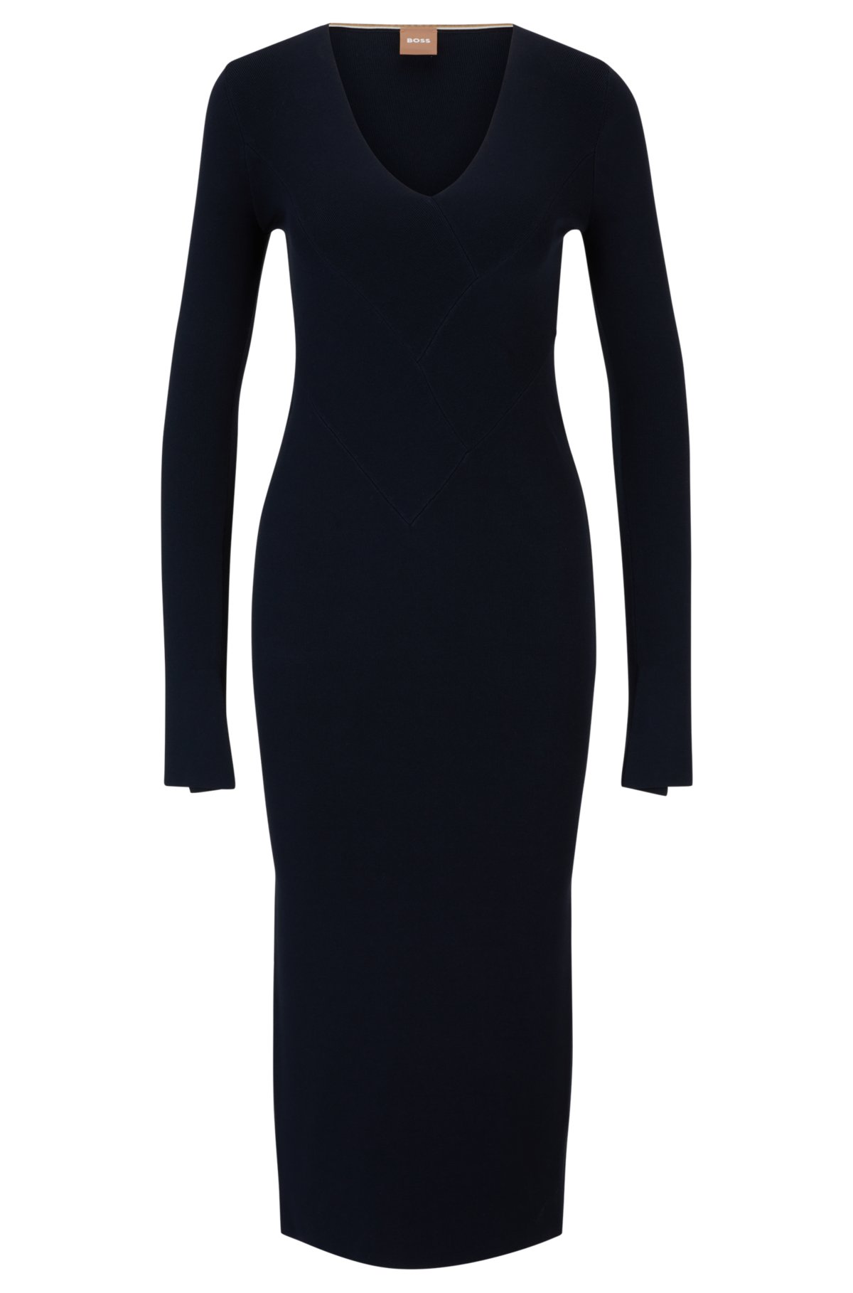 Long-sleeved knitted dress with ribbed structure and V neckline