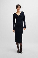 Long-sleeved knitted dress with ribbed structure and V neckline, Dark Blue