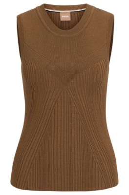 Shop Hugo Boss Sleeveless Knitted Top With Ribbed Structure In Light Brown